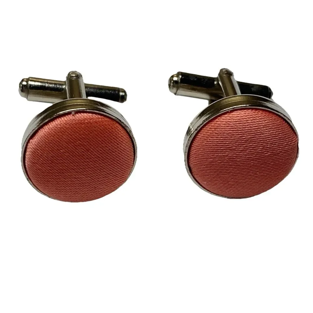 Elegant Salmon Pink Fabric Cuff Links Round Chrome Like Rim Formal & Vintage